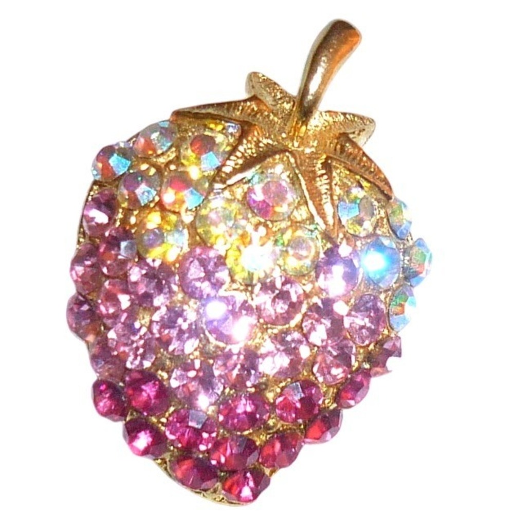 Vintage Pink Ombre Rhinestone Strawberry Brooch Aurora Borealis Gold Tone Pin
